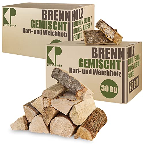 Brennholz Gemischt Kaminholz 30, 60, 90kg Buche Birke Eiche Kiefer Fichte Holz Für Ofen Kamin Kaminofen Feuerschale Grill Feuerholz 25 cm Kammergetrocknet Kingpower, Menge:60 kg