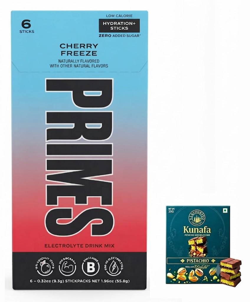PRIMES Hydration+ Cherry Freeze Electrolyte Drink Mix 6 Sticks 55.8g With Free Flavourito Kunafa Pistachio Chocolate Bar, 20g By Decadent Foods (Imported USA)-image-19