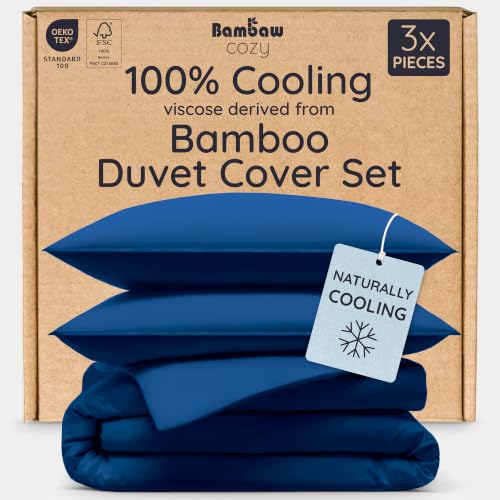 Image of Bambaw Queen Size Duvet Cover Set 3pcs 100% Viscose Derived from Bamboo, Cooling, Super Soft Bedding Set, Luxury, No Comforter (Navy Blue)