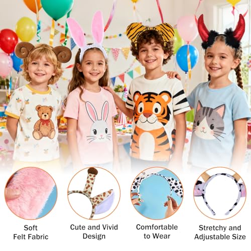 Spetsbst Tier Haarreif mit Ohren 12 Stück Cartoon Animals Ohren Stirnbänder Set Tiger Giraffe Hasen Katze Kostüm Zubehör Kopfbedeckung für Erwachsene Kinder Party Karneval Geburtstag