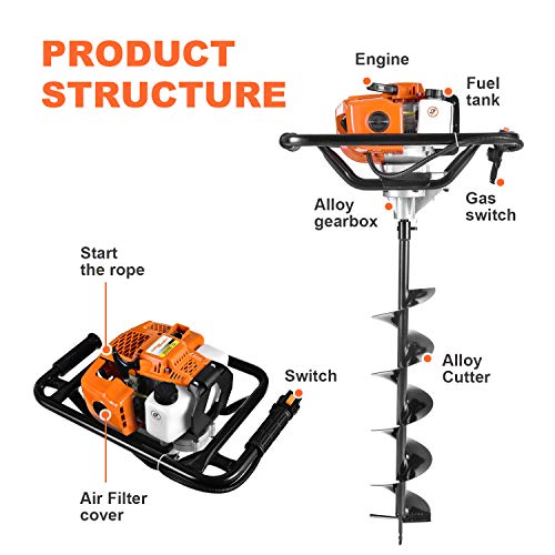 SALEM MASTER Gas Powered Post Hole Digger Earth Auger Drill 52CC 2 Stroke with 3 Auger Bits + Extension Bar for Fence and Planting - Thumbnail 2