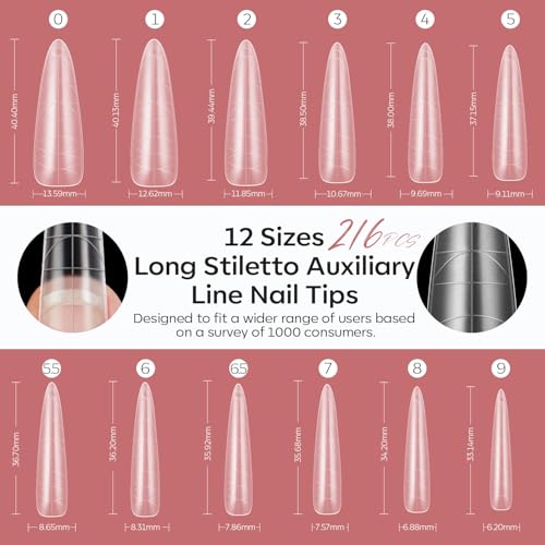 Image of modelones Long Almond Guiding Line Nail Tips, Stiletto Soft Gel Tips Fake Nails False Acrylic Extensions Seamless Accurate Positioning Scale Line, Full Matte Professional Nail Salon 216PCS 12Sizes