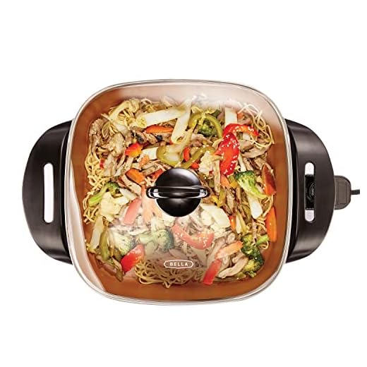 BELLA Electric Skillet and Frying Pan with Glass Lid, Nonstick Coating, Cool Touch Handles, Removable Heating Probe, Dishwasher Safe, 30 x 30 cm, Copper