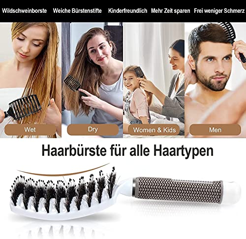 Foto von 2 Stück Haarbürste Wildschweinborsten Haarbürste Ohne Ziepen Frauen, Herren & Kinder, Haarentwirrende Anti Ziep Entwirrende für Locken & Lange Haare, Antistatisch Zauberbürste