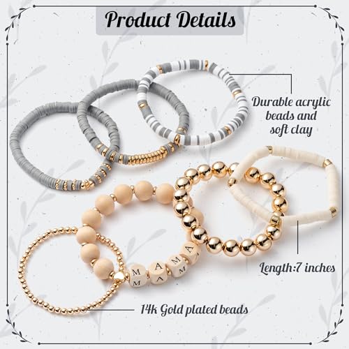 Y1tvei 7Pcs Mama Gray Bracelets Set Wooden Stackable Heishi Polymer Clay Beaded Stretch Surfer Bracelet Dainty Gold Plated Beads Elastic Layering Bracelet Mama to Be Mother's Day Gifts for Mom2