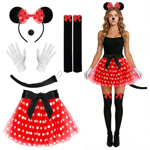 Yiantai Damen Maus Mouse Kostüm Mouse Kostüm Damen Rot Tutu mit weiß Gepunktet Haarreifen mit Maus Ohren mouse Kostüm Set mit Handschuhe Nase Kniestrümpfe damen Mädchen Faschingkostüme (Set C)