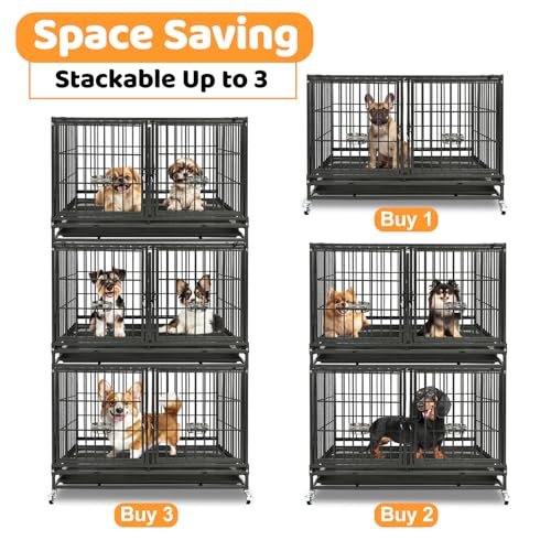 Homey Pet 43 Inch Heavy Duty Dog Crate Cage Kennel for Medium Dogs with Three Door, Divider, Removable Grid & Tray, 4 x Lockable Wheels, 2 x Bowls, Stackable Drop Cages for Breeders, Groomers