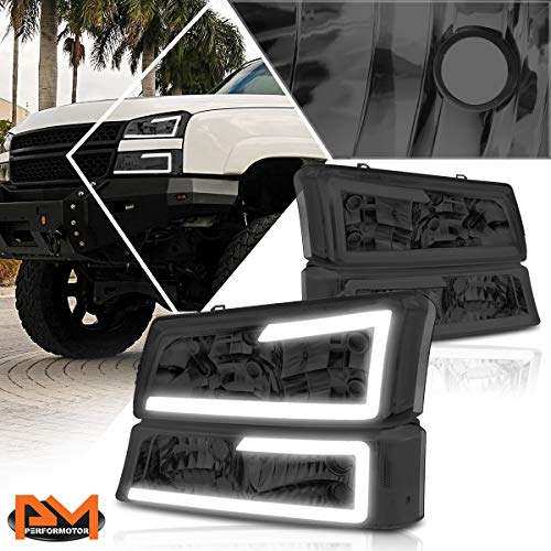 [4Pcs-Set] LED DRL Headlights+Bumper Lamps Assembly Compatible with Silverado Avalanche 03-07,Smoked Lens/Clear Corner