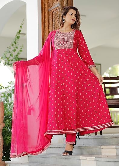 Image of Women's Rayon 3 /4 Sleeves Round Neck Embroidery Work Anarkali Gown with Dupatta & Pant Set