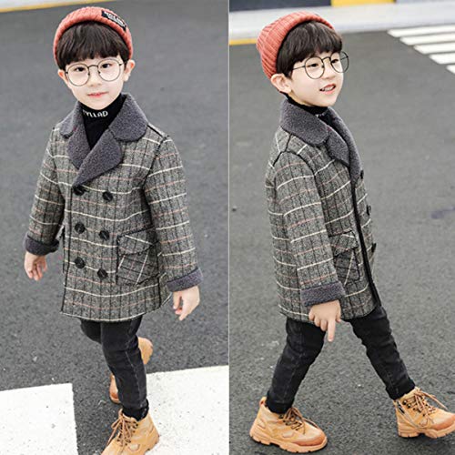 Boy's Pea Coat Faux Wool Double Breasted Trench Jacket Warm Plaid Peacoat for 2-10 Years4