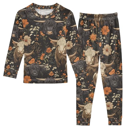 senya Highland Cows with Flowers Z Pajamas Set Long Sleeve Soft Cotton Sleepwear 2 Piece