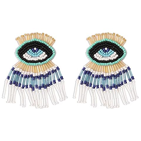 Boho Beaded Evil Eye Statement Drop Dangling Earrings for Women Girls Vintage Acrylic Tassel Colorful Rice Beads Chain Dangling Stud Bohemian Jewelry Delicate Gifts Cover