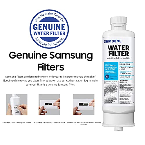 SAMSUNG Genuine Filter for Refrigerator Water and Ice, Carbon Block Filtration, Removes 99% of Harmful Contaminants for Clean, Clear Drinking Water, 6-Month Life, HAF-QIN/EXP, 1 Pack