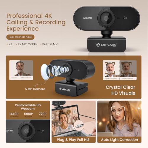 Image of Lapcare 2K USB Webcam, 5P Lens, 5.0MP Camera, Noise isolating Microphone,Auto-White Balance, Auto-Exposure, Built-in Mic, for Teams, FaceTime, PC /Laptop