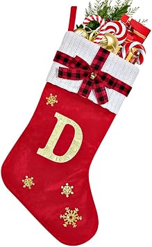 Letter Christmas Stockings 15.6 Inches Monogram Red Velvet with Bell Xmas Stockings Classic Personalized Stocking Decorations for Family Holiday Season Decor