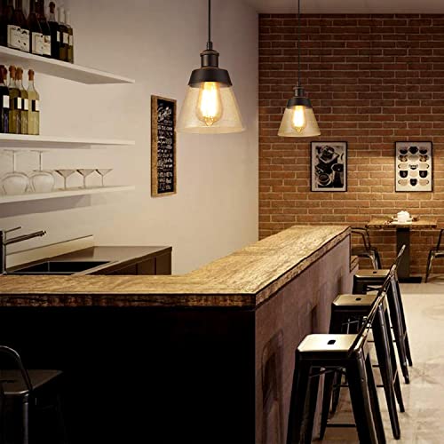 Rustic Glass Pendant Light with Handblown Clear Seeded Glass Shade, One-Light Adjustable Industrial Cone Mini Pendant Lighting Fixture for Kitchen Island Cafe Bar Farmhouse, Oil Rubbed Bronze - Image 3