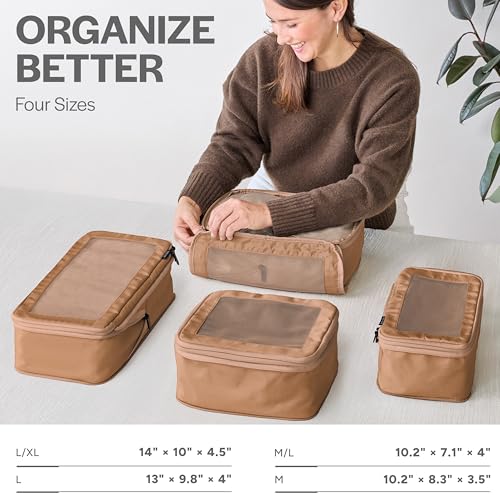 Image of Aerotrunk Compression Packing Cubes for Travel - Luggage Organizer Bags - Double Zipper Packing Cubes for Suitcases (4-Pack, Mocha)