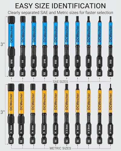 Image of DCWecher 3-Inch Impact Hex Bit Set, 20PCS Long Allen Wrench Drill Bit Set | Magnetic Allen Key Drill Bit Set, S2 Steel, Metric & SAE Hex Bits, 1 /4'' Hex Shank for Automotive Repair & Furniture Assembly