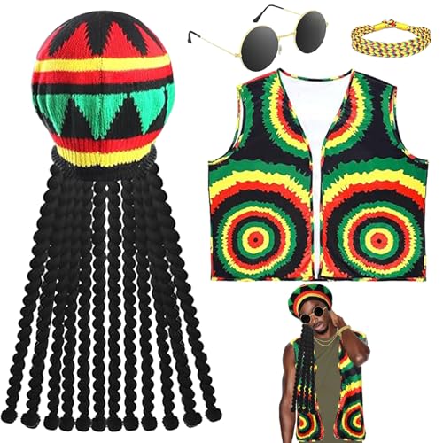 YOUYIKE Ensemble de costume 4 pièces Halloween style Jamaïque, veste Jamaïque, bracelet, bonnet avec dreadlocks, lunettes hippie – accessoires reggae-hippie pour carnaval, Halloween, fête pour adultes
