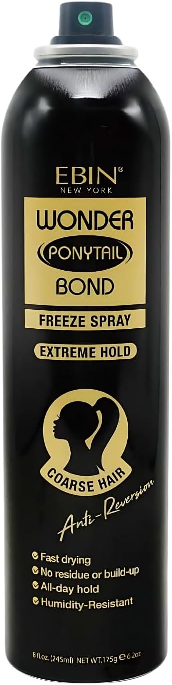 Wonder Lace Bond Ponytail Freeze Spray 8oz-Extreme Hold (COARSE HAIR) | Humidity Resistant, Quick-Drying, Lightweight, No Residue, Water-Resistant Hair Styling Spray for Sleek, Long-Lasting Ponytails