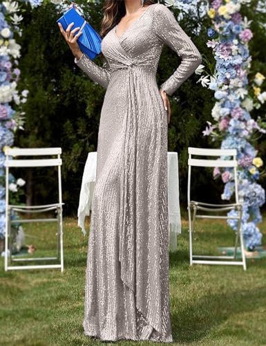Image of Long Sleeve Sequin Dress For Women Formal Gowns Sparkly V Neck Maxi Dress