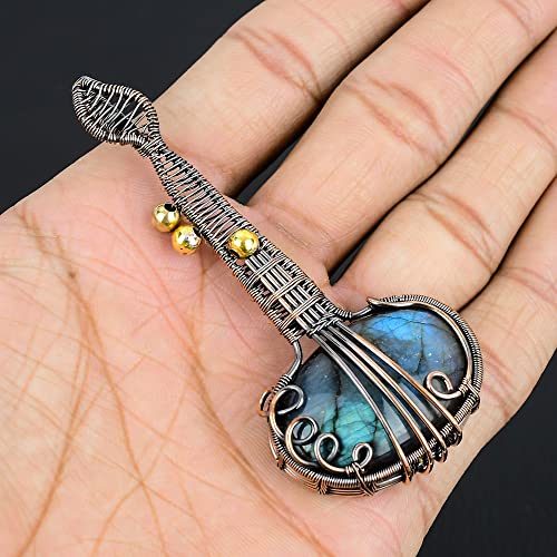 Guitar Shaped Gemstone Pendant Copper Wire Wrapped Jewelry Necklace4