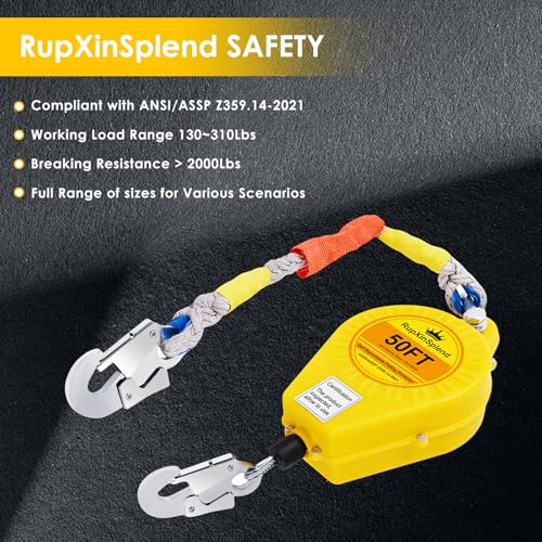 Image of Fall Arrester Protector Self Retractable 50FT Fall Protection Gear Double Locking, Dual PPE+Alloy Steel housing Heavy Duty Lifeline Safety Lanyard Rope Cable Wire Roofing Construction