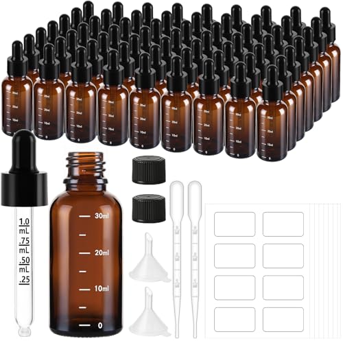 UPBUD 63 Pcs 1oz Amber Glass Dropper Bottles with Measurement 30ml Leakproof Tincture Bottles with Funnels Eye Droppers Extra Caps & Labels Refillable Empty Bottle for Tinctures Essential Oils