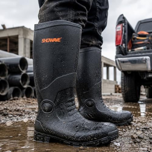 Image of Showave Steel Toe Rubber Work Boots for Men Waterproof Durable Concrete Boots for Hunting Manufacturing Construction