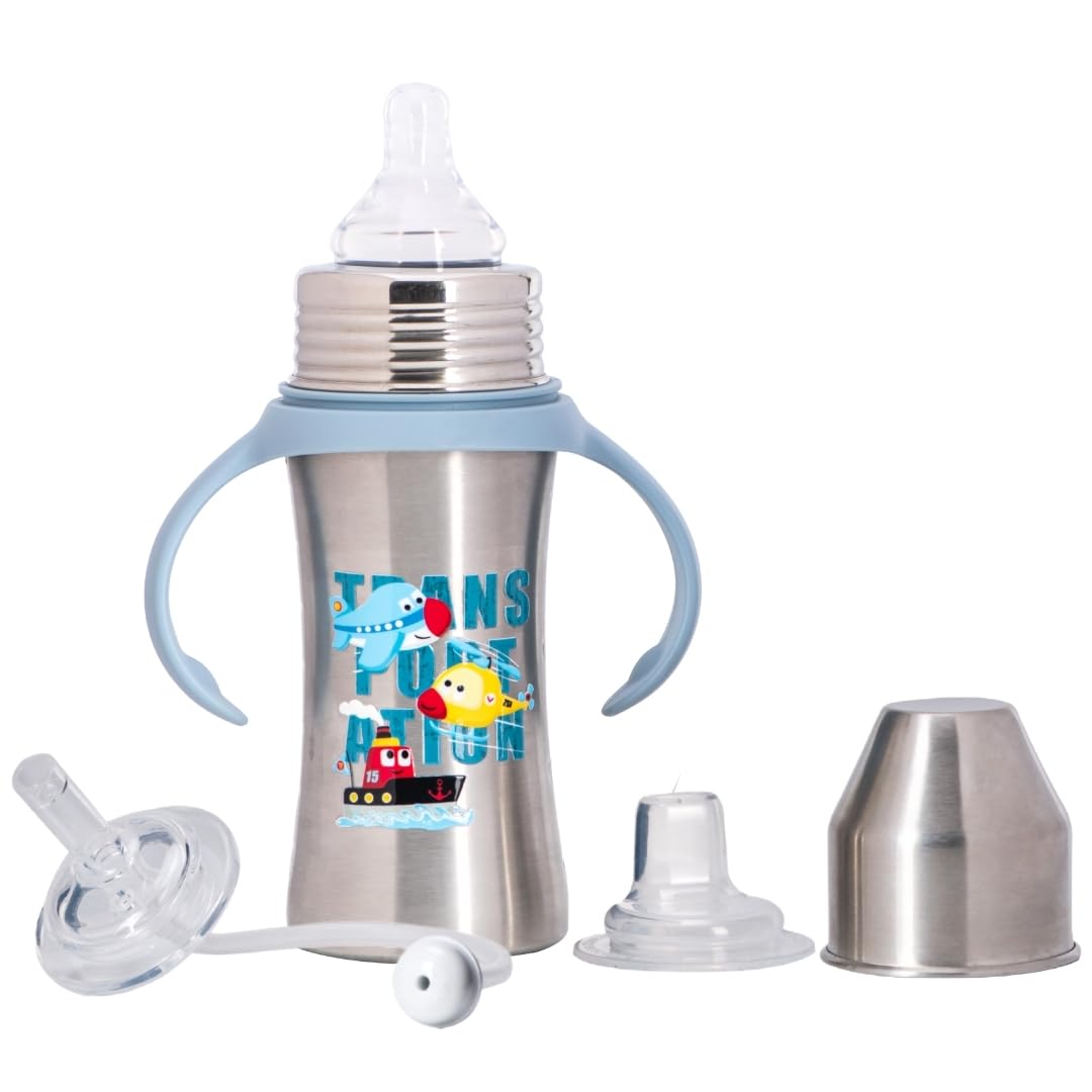 Adore Trion 3 Stage Premium Stainless Steel Sipper Convertable to Feeding & Spout Bottle with Food Grade Silicone Teat & Detachable Twin Handle -250 ml (Transportation)-image-33