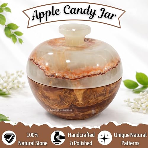 Amazing Gemstone Green Onyx Candy Jar Apple Shape 4 Inch Candy Jars with Lids Elegant Kitchen Decor Candy Jar for Office Desk Gift Ready Accent Container - Thumbnail 5