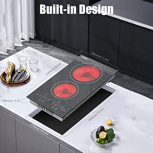 Image of Karinear Portable Electric Cooktop 2 Burners, 110v Plug in Electric Stove Top, Countertop Use or Built-in Install, 12'' Ceramic Cooktop with Beautiful Wooden Pattern