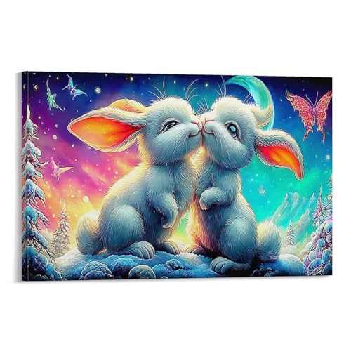beso conejo Soltero Dos conejos blancos besando nieve cósmica Pintura De Pared Enmarcada Arte En Lienzo Para Sala De Estar Pared De Galería Pieza De Declaración Listo Para Colgar 20x30inch(50x75cm)