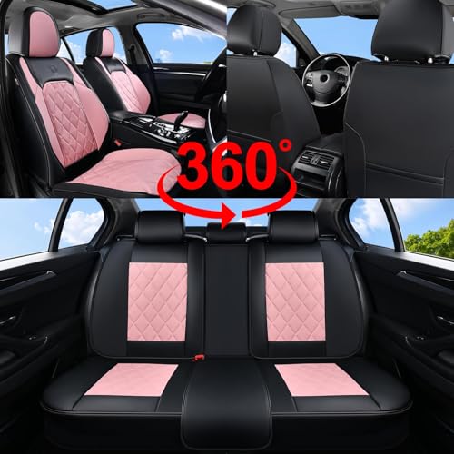 Image of Coverado Leather Seat Covers, Car Seat Covers Full Set, Waterproof Faux Leather Pink & Black Seat Covers, Car Seat Protectors 5 Seats, Automotive Seat Covers Universal Fit for Most Cars SUV Trucks