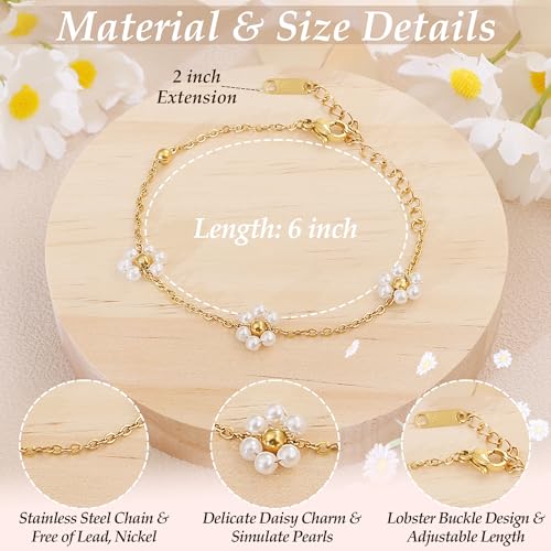 Pearl Bracelets for Women, Dainty Gold Bracelet Silver Prom Pearl Jewelry for Wedding, Trendy Daisy Bracelet Heart Bracelet as Simple Bridesmaid Gifts Floral Jewelry Brazaletes Para Mujer