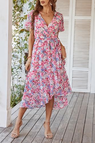 Image of PRETTYGARDEN 2023 Women's Floral Summer Dress V Neck Short Sleeve Ruffle Hem A-Line Boho Maxi Dresses