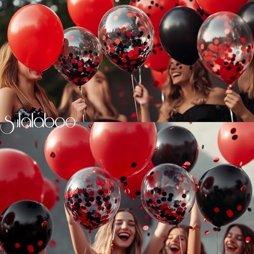 Image of Metallic Red and Black Balloons 12Inch 73PCS Black Red Confetti Latex Balloons Shiny Helium Balloon Set for Birthday Anniversary Graduation Party Decorations