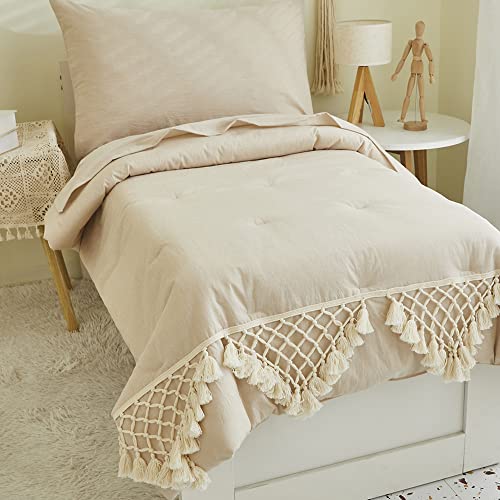 Brandream 4Pcs Toddler Bedding + 3Pcs Crib Bedding Gender Neutral Boho Bohemian Girl Boy Solid Beige Farmhouse Chic Unisex Minimalist Tassel Fringe Macrame Cozy 100% Washed Cotton Comforter Set #TOP4