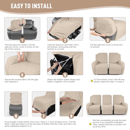 Image of KinCam Recliner Covers, Stretch Reclining Chair Covers, Recliner Sofa Slipcovers Stripe Jacquard Recliner Couch Covers Furniture Protector Covers for Pet Kid (3 Seater, Vanilla)