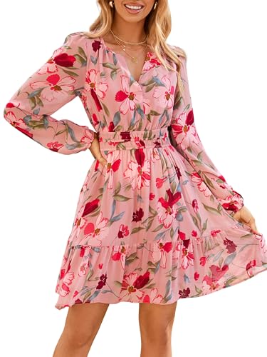Image of Simplee Womens Spring Floral Mini Dress Long Sleeve Boho Chiffon Short Dress Casual Flowy Fall Wedding Guest Dresses