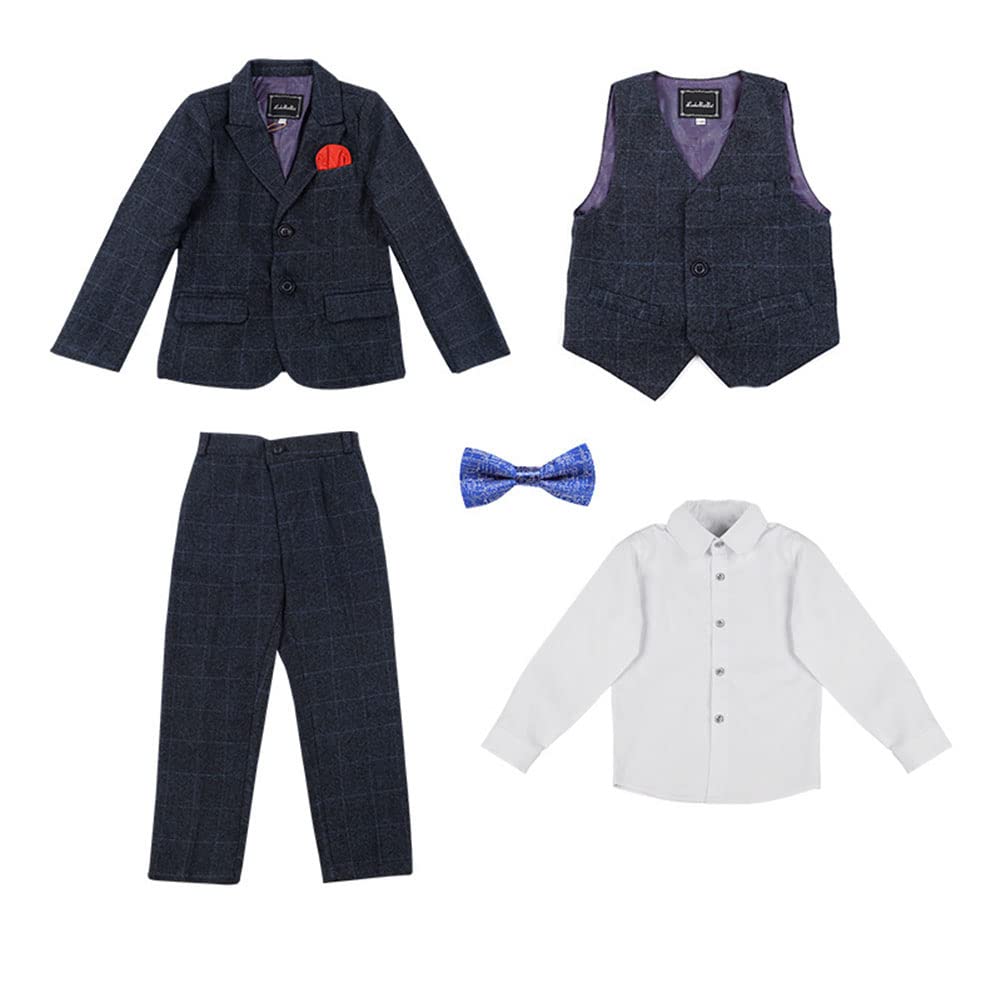 DAIHAN Conjunto de Traje de niños Fiesta de cumpleaños Chaqueta y Pantalones Chaleco con Pajarita de Smoking Ajustado Boda Cena Esmoquin Ropa de Fiesta Ceremonia Boda Trajes de Caballero a Cuadros