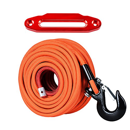 Set 95ft x 3/8 inch (Range Synthetic Winch Rope Cable 22000LBs w/Heat and Rock Guard + Black Half-Linked Winch Hook + Red 10