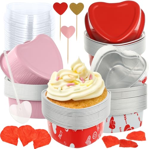 CIEOVO Heart Shaped Cake Pans, 60 Pack Disposable Aluminum Foil Cupcake Liners with Lids Lids Red Petals Heart Cupcake Toppers Aluminum Heart Cake Pans for Valentine Wedding Party Supplies