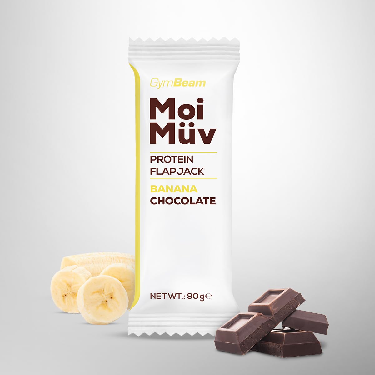 GymBeam MoiMüv Protein Flapjack - Proteinriegel mit 20g Protein pro Portion, reich an Ballaststoffen, hervorragende Kohlenhydratquelle, Proteinriegel mit Whey-Konzentrat (12x90 g, Banana Chocolate)