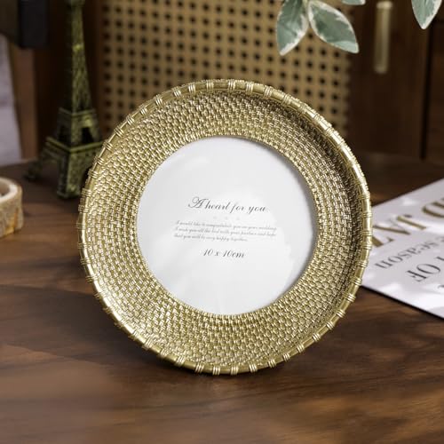 Round Picture Frame 4x4 Vintage Gold Frames, Rattan Textured Hand-Crafted Photo Frame with Glass Front, Antique Picture Frame for Tabletop Display & Wall Display, Retro Design Home Decor