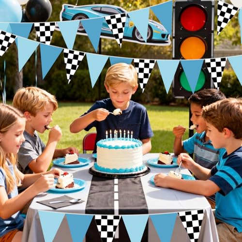 Image of Tiamon 5 Pcs Racing Car Flag Banner Party Decorations Dusty Blue Black | Racing Car Checkered Triangle Flag Race Car Pennant Banner Garland for Birthday Baby Shower 2nd Two Fast Party Supply