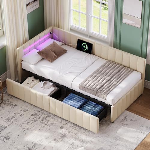 Besbed Single Bed Frame with 2 Drawers 3ft Upholstered Day Bed with LED Headbord and Charging-Station Velvet Sofa Bed for Living Room/Bedroom/Study Room Cream 90x190 cm (No Mattress)