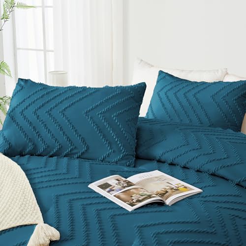 Image of Andency Teal Comforter Set Queen Size, Boho Soft Warm Tufted Bedding Comforter Sets for Queen Size Bed, 3 Pieces Aesthetic Chevron Farmhouse Cute Bohemian Textured Bed Set