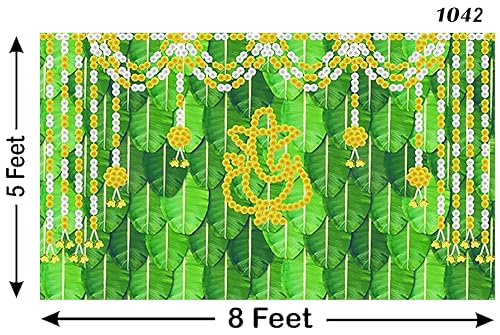 Image of Banana Leaf with Garland Marigold Flower's Ganesh Ji Design Backdrop Cloth for Pooja Decoration Traditional Background Curtain Cloth for Festival Size 5Feet Height and 8Feet Width (5 * 8)