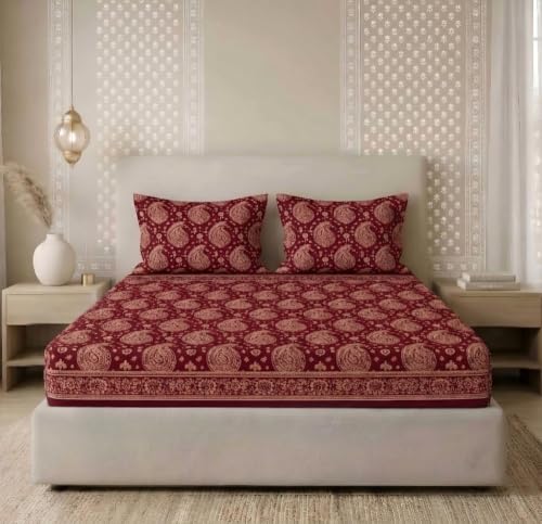Image of BSB HOME 240 TC Cotton Fitted Double Bedsheet with 2 Pillow Covers, Soft Breathable & Skin Friendly, Jaipuri Printed, Elastic Fitted Bedsheet (72 x 78 + 8 Inches) (Kalki Print - Deep Maroon)